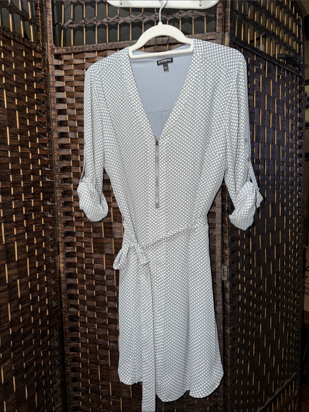 Express Light Gray Dot-Print Midi Wrap Dress